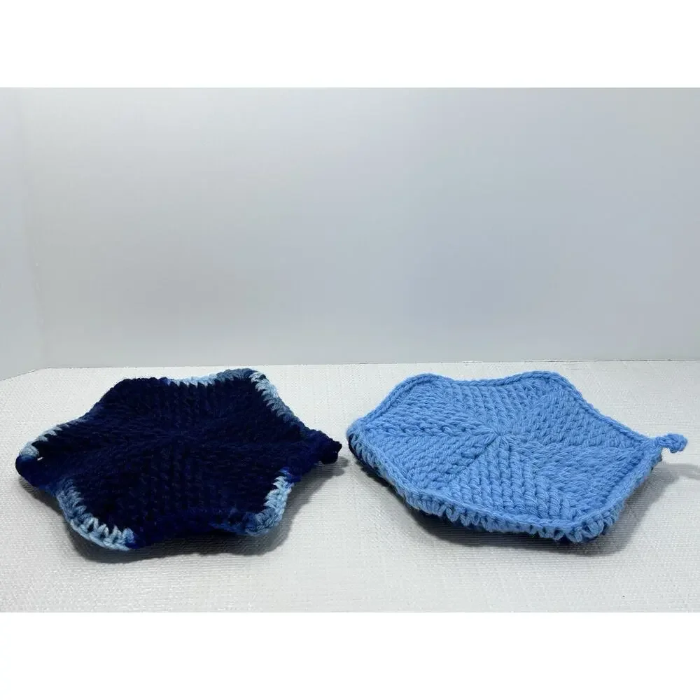 Hand Crocheted Double Thick Hot Pad Pot Holder Pair blue shades‎ VTG Granny Core